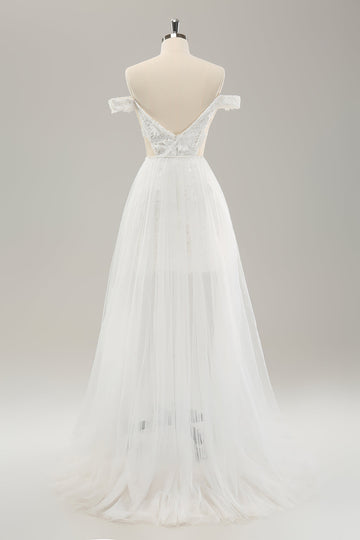 Vit Off The Shoulder Cut Out Bröllopsklänning med Avtagbar Tyll
